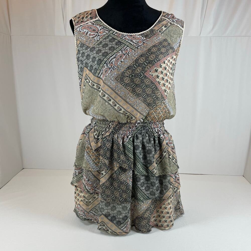 Nylon Apparel Mixed Patchwork Paisley Sleeveless Ruffle Dress Medium